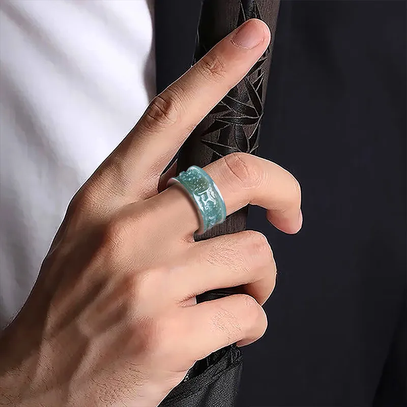 Artisan Lock Heart Jade Ice Glutinous Jadeite Rings Unisex-4