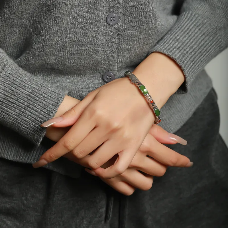 Artisan Lock Heart Jade Hetian Jade 925 Sterling Silver Hetian Jade Bangles Women's Jasper-8