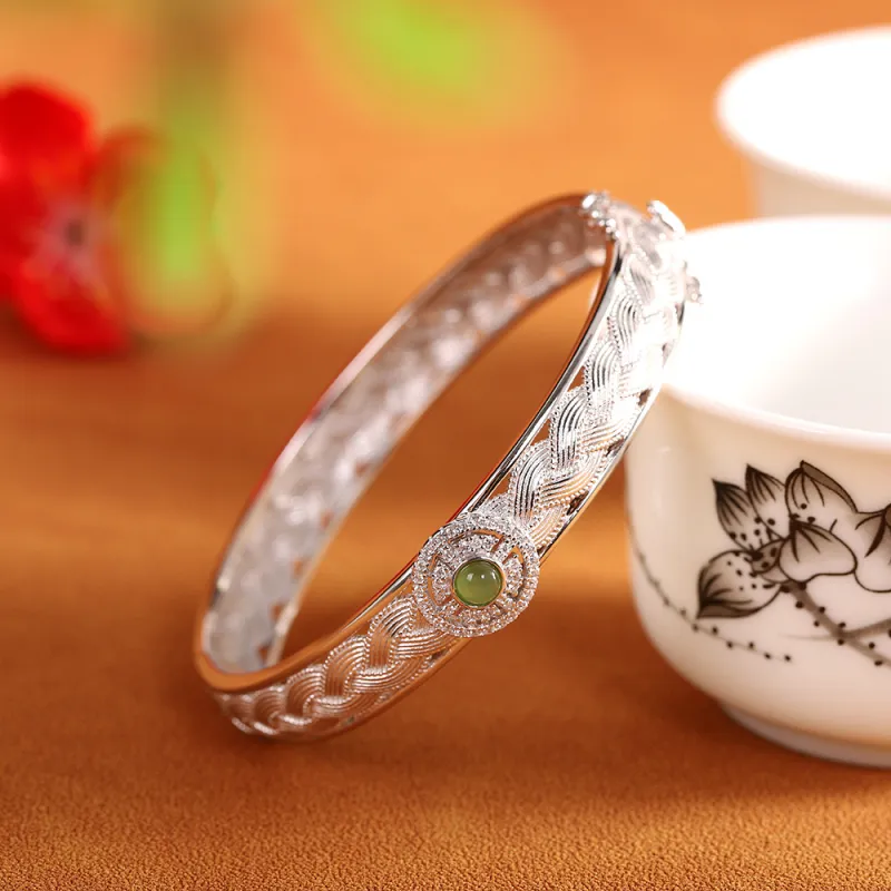 Artisan Lock Heart Jade Hetian Jade 925 Sterling Silver Hetian Jade Bangles Women's Jasper-40