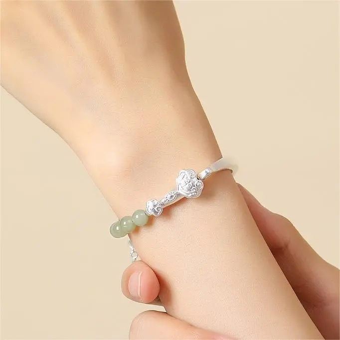 Artisan Lock Heart Jade Hetian Jade S999 Fine Silver Bangles Women's Pale Greenish White Jade-3