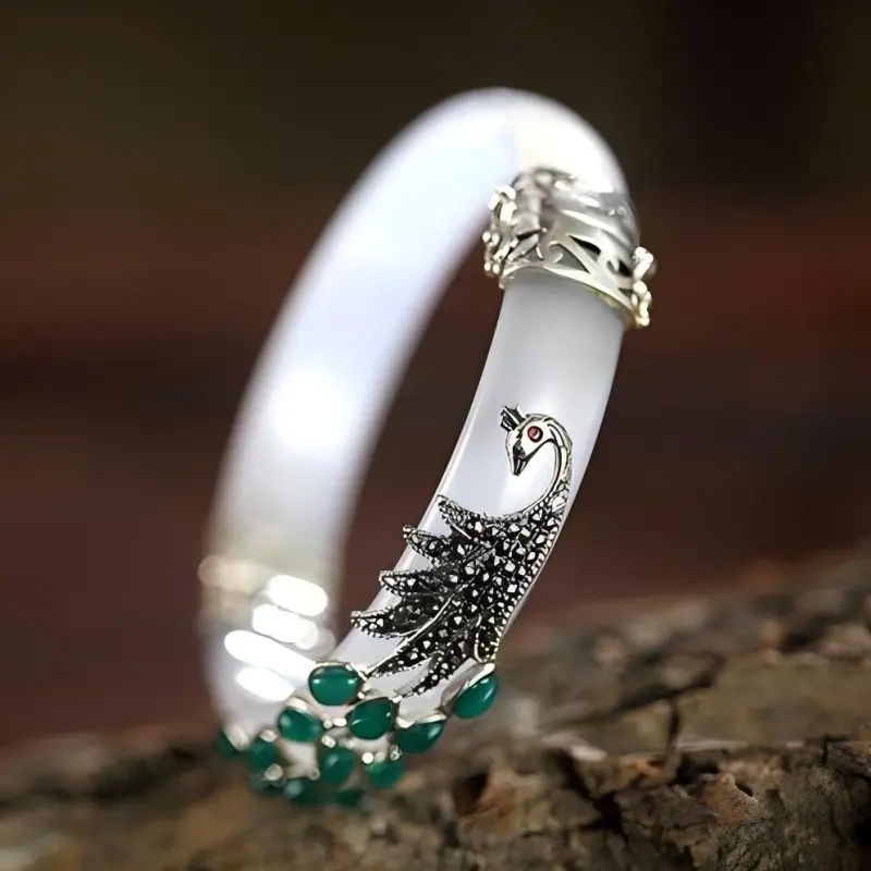 Artisan Lock Heart Jade Chalcedony Bangles Women's-3