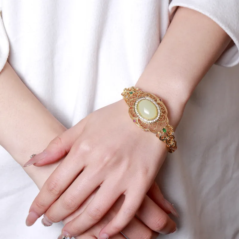 Artisan Lock Heart Jade Hetian Jade Bangles Pale Greenish White Jade Unisex-4