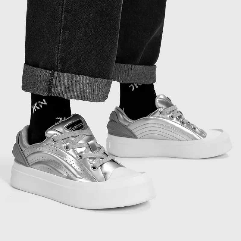 Cabbeen Preppy Round Head Wear-Resistant Height Increasing Low-Top Skateboard Shoes 5cm Men's Silver-8
