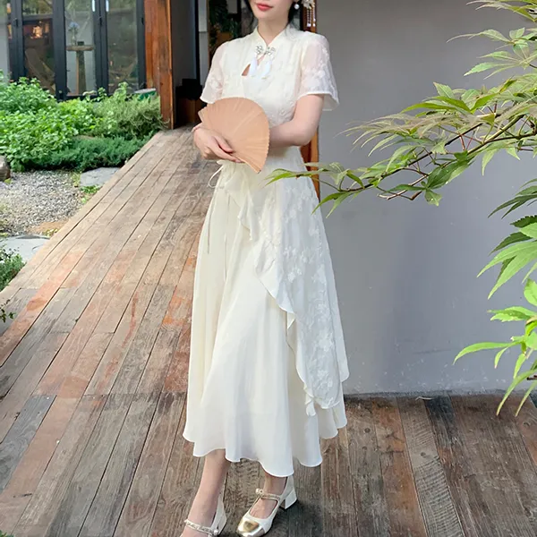 KUNZHUDAXIANG Short Sleeved Dress Women's Gentle Apricot-5