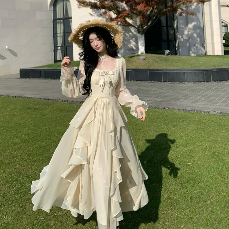 Blovelan Long Sleeved Dress Women's Fairy Apricot-6