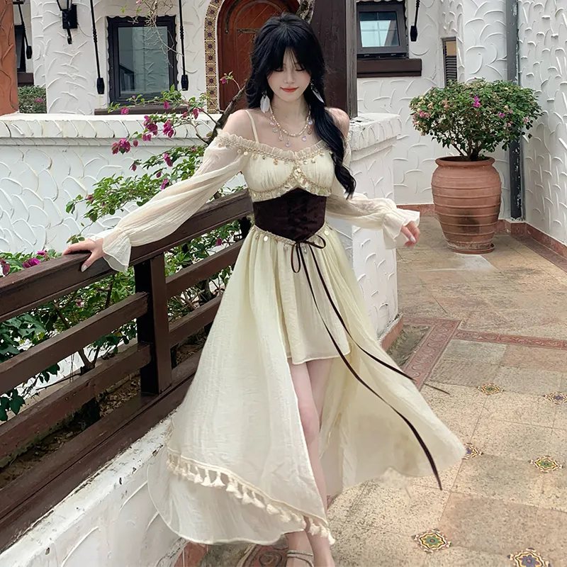 Blovelan Long Sleeved Dress Women's Fairy Apricot-5