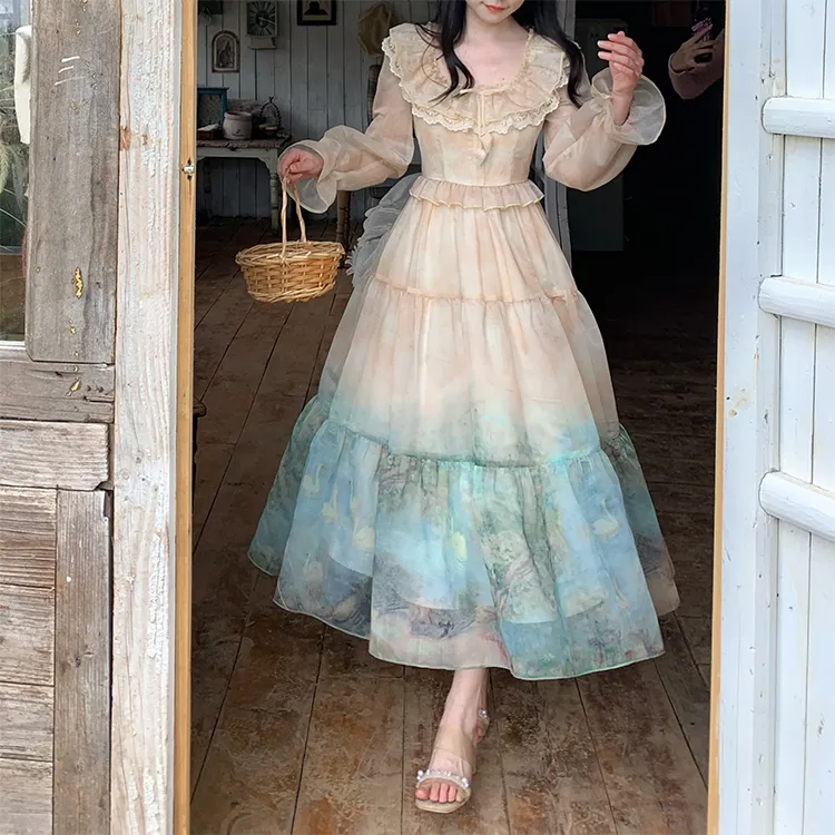 Blovelan Long Sleeved Dress Women's Vintage Oil Paintings Yellow-5
