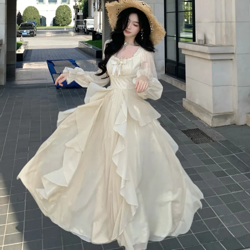 Blovelan Long Sleeved Dress Women's Fairy Apricot-3