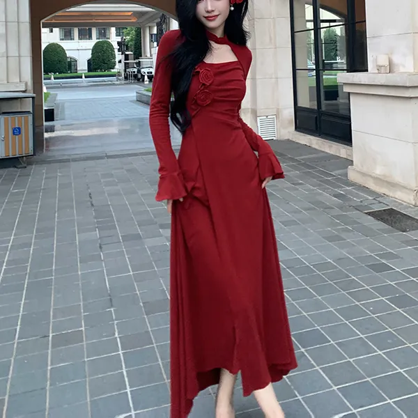 Blovelan Long Sleeved Dress Women's Rose Red-2