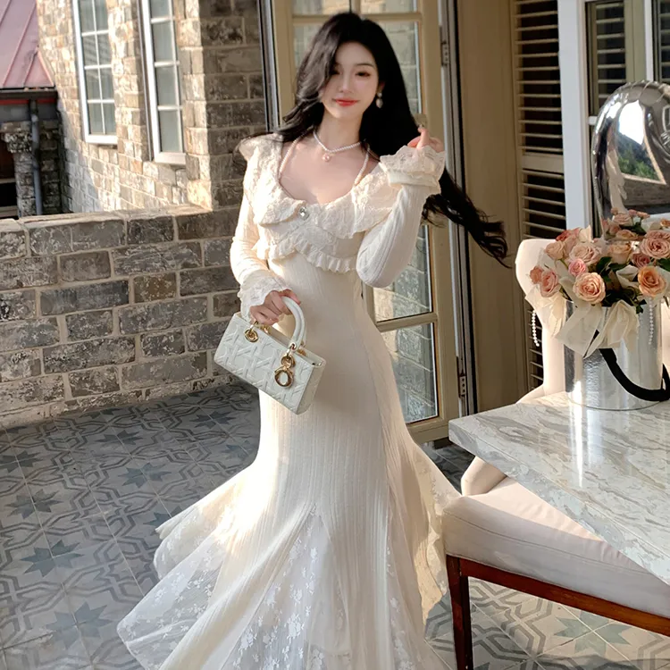 Blovelan Long Sleeved Dresses Women's Snow Apricot-2