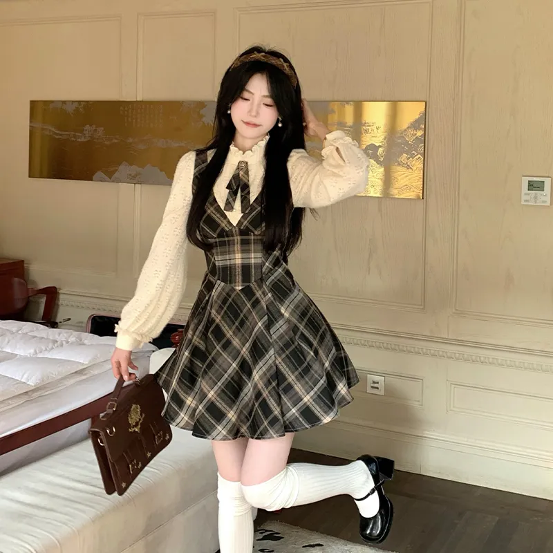Blovelan Long Sleeved Dress Women's Brown Plaid Pattern-5
