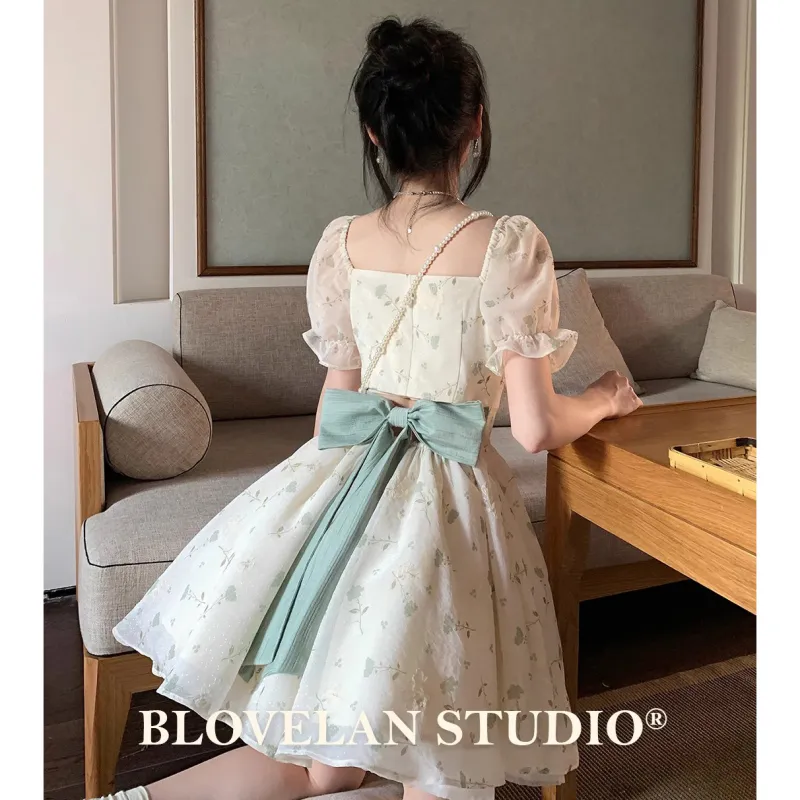 Blovelan Short Sleeved Dresses Women's Apricot Green Floral; Dress-2
