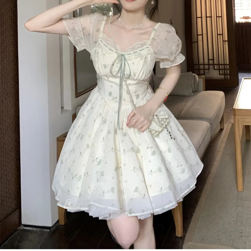 Blovelan Short Sleeved Dresses Women's Apricot Green Floral; Dress-3