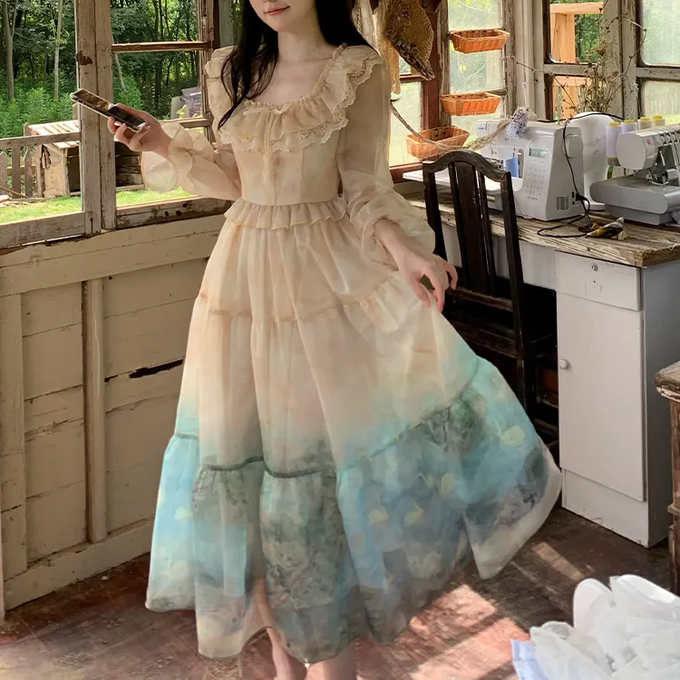 Blovelan Long Sleeved Dress Women's Vintage Oil Paintings Yellow-3