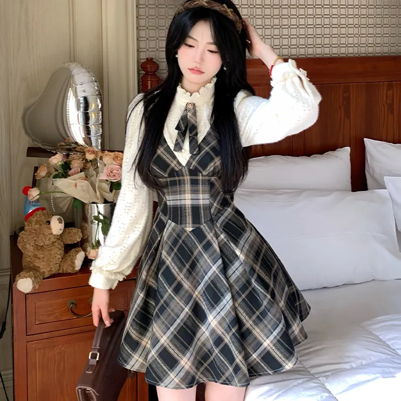 Blovelan Long Sleeved Dress Women's Brown Plaid Pattern-4