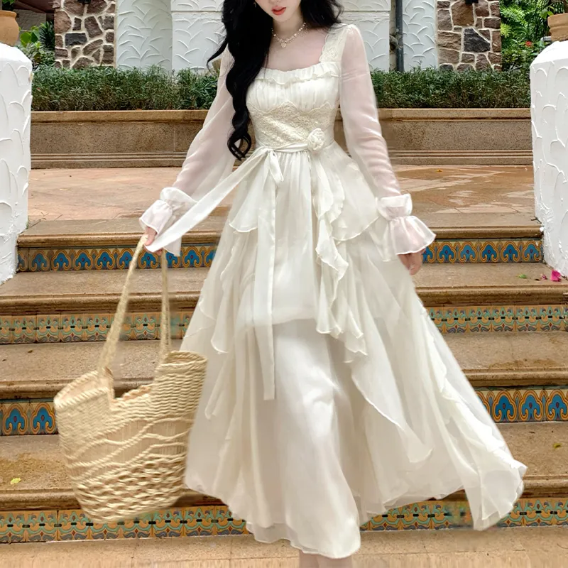 Blovelan Long Sleeved Dress Women's Fairy Apricot-5