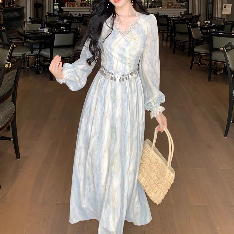 Blovelan Long Sleeved Dresses Women's Water Wave Blue-3