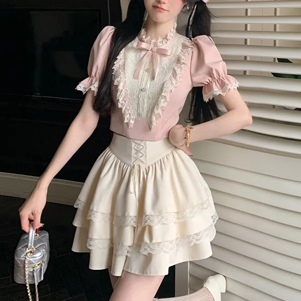 Blovelan Skirt Set Women's Pink White-2