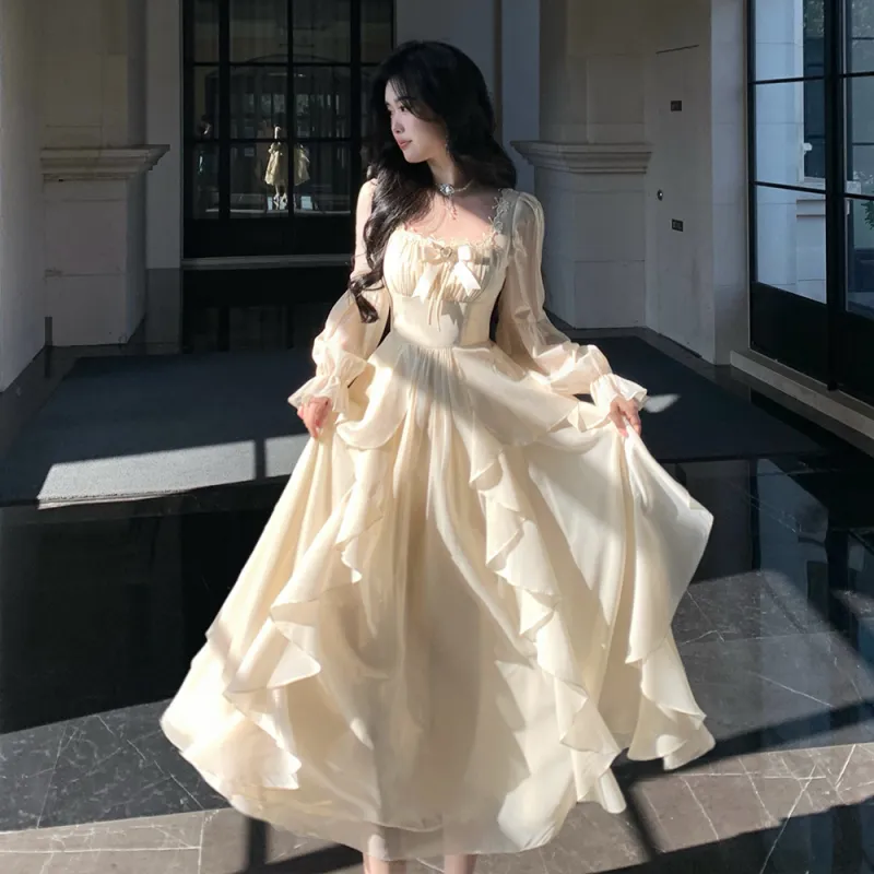 Blovelan Long Sleeved Dress Women's Fairy Apricot-5
