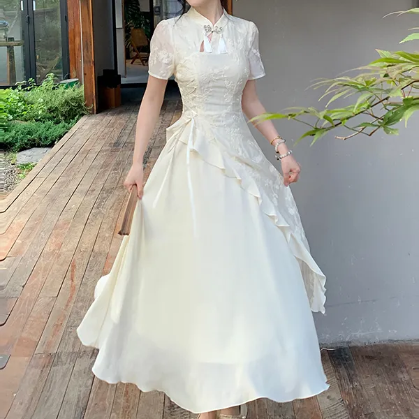 KUNZHUDAXIANG Short Sleeved Dress Women's Gentle Apricot-3