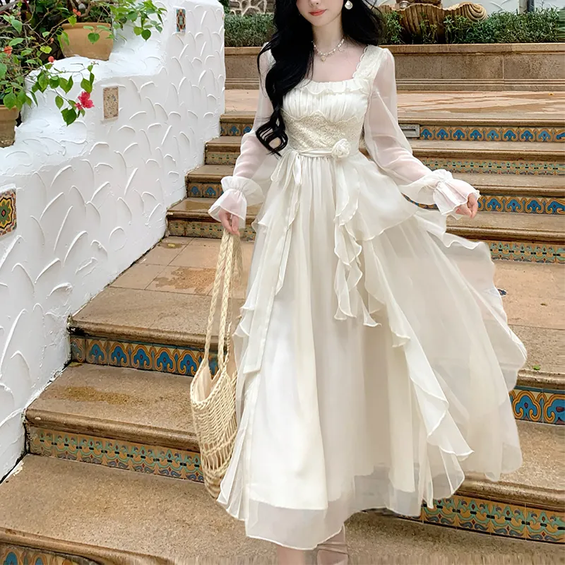 Blovelan Long Sleeved Dress Women's Fairy Apricot-4