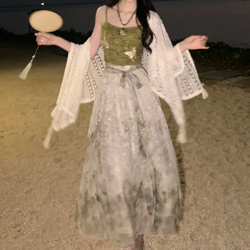 Blovelan Cardigan+Camisole+Skirt Set Women's Lime Matcha-6