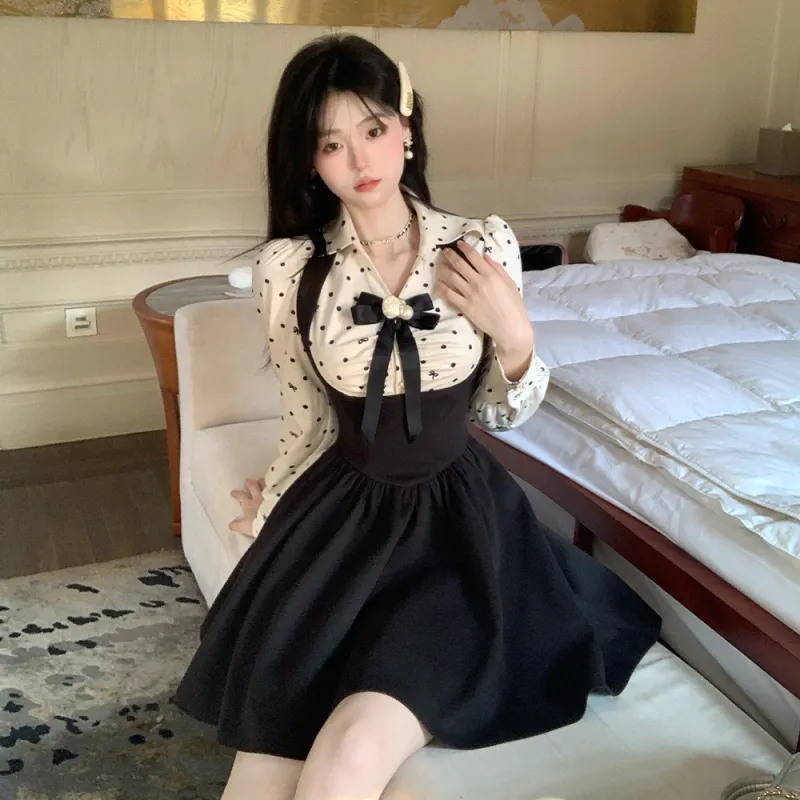 Blovelan Long-Sleeved Dresses Women's Black & Polka Dot Apricot-2