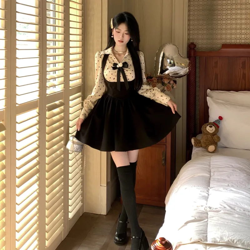 Blovelan Long-Sleeved Dresses Women's Black & Polka Dot Apricot-5