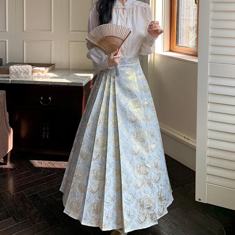 Blovelan Casual Long Skirt Women's Woven Gold Blue-2