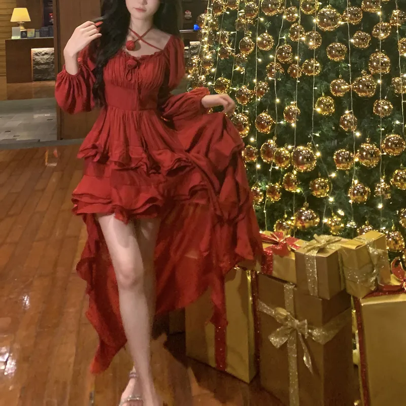 Blovelan Long Sleeved Dress Women's Dark Red-2