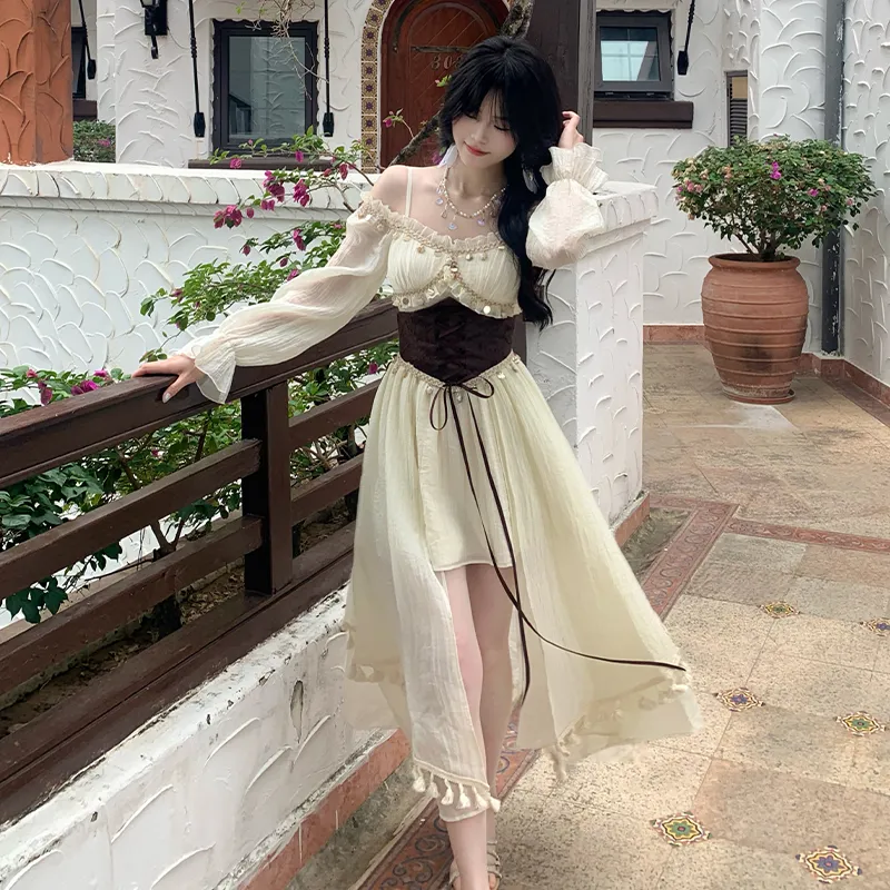 Blovelan Long Sleeved Dress Women's Fairy Apricot-2