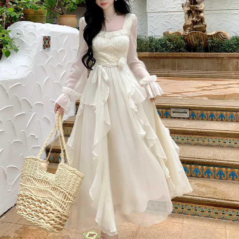 Blovelan Long Sleeved Dress Women's Fairy Apricot-2