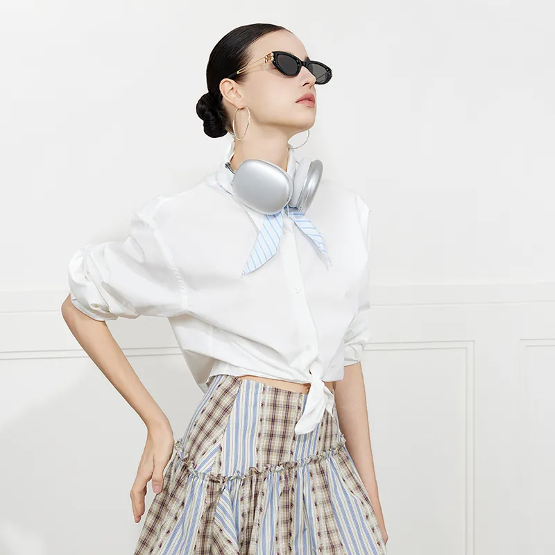 NancyCavally Shirts Women's White Shirt With Blue Stripes+Bow Tie One Size-3