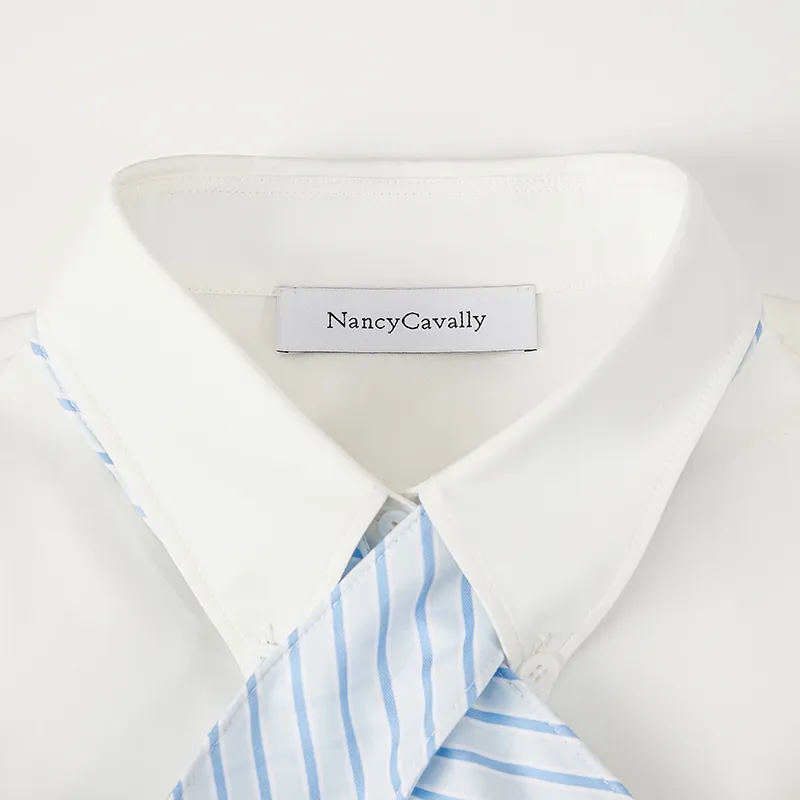 NancyCavally Shirts Women's White Shirt With Blue Stripes+Bow Tie One Size-4