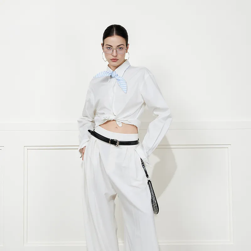 NancyCavally Shirts Women's White Shirt With Blue Stripes+Bow Tie One Size-2