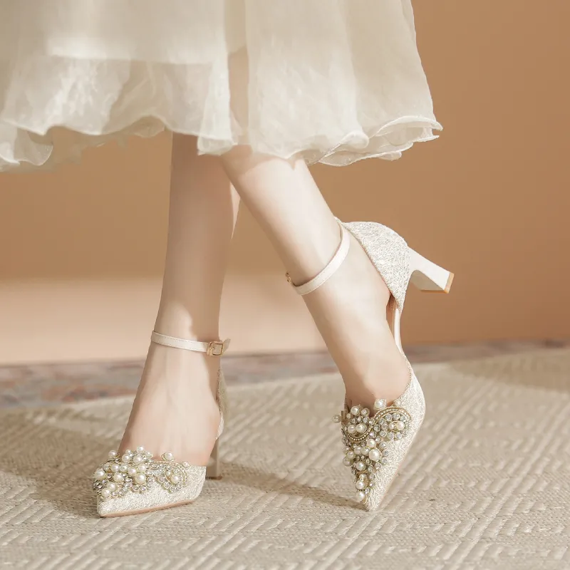 Zubumei Chunky Heel High Heels Women's Champagne-2