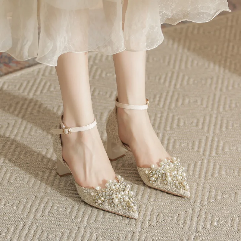 Zubumei Chunky Heel High Heels Women's Champagne-1