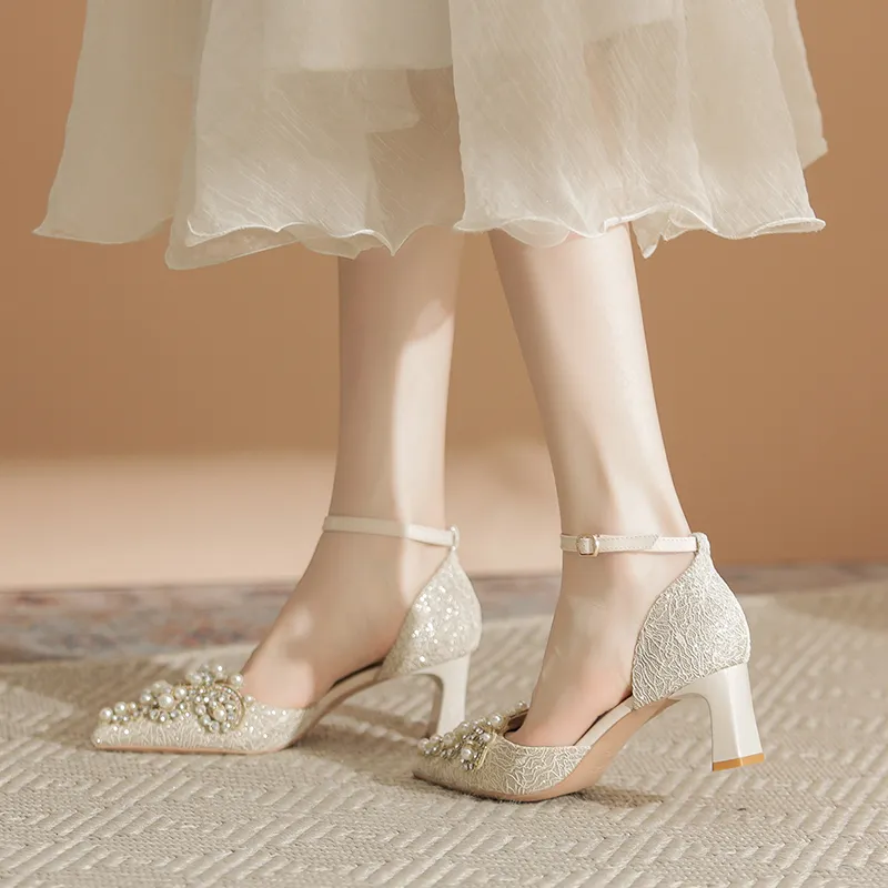 Zubumei Chunky Heel High Heels Women's Champagne-4