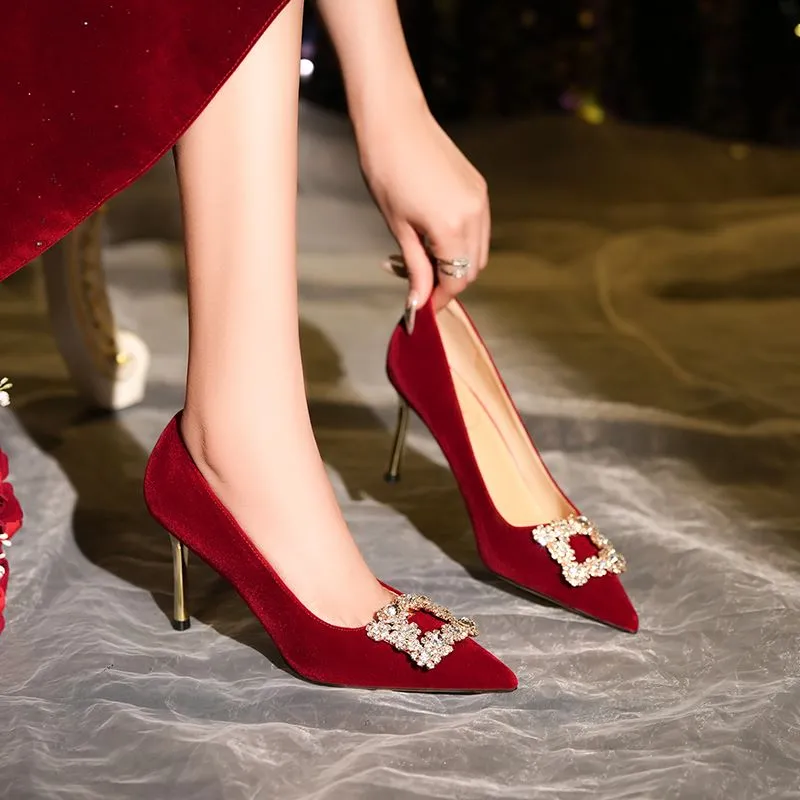 Zubumei Slim Heel High Heels Women's Red-3