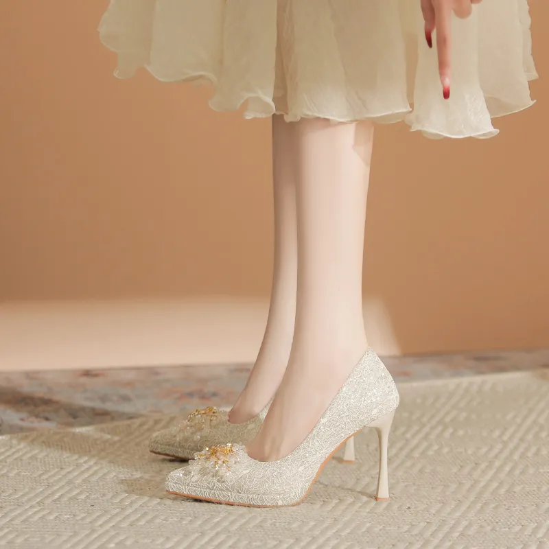 Zubumei Slim Heel High Heels Women's Champagne-5