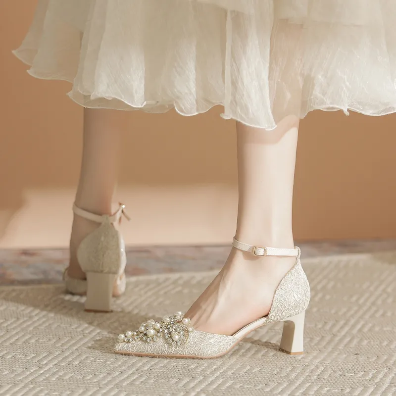 Zubumei Chunky Heel High Heels Women's Champagne-3