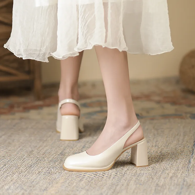 Zubumei Chunky Heel High Heels 7cm Women's Ecru-5