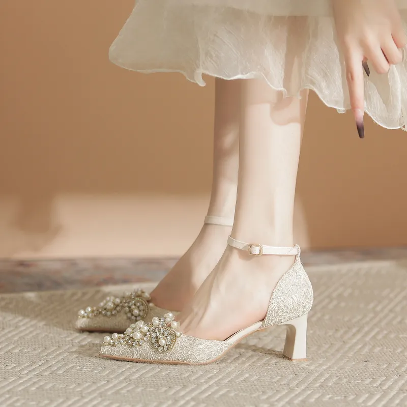 Zubumei Chunky Heel High Heels Women's Champagne-5