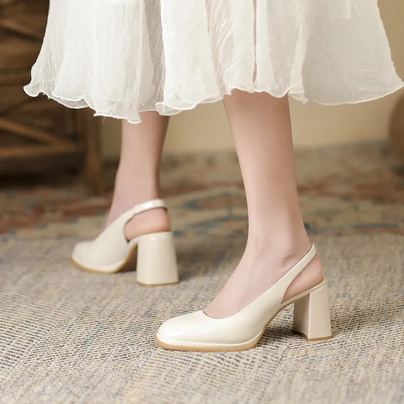 Zubumei Chunky Heel High Heels 7cm Women's Ecru-6