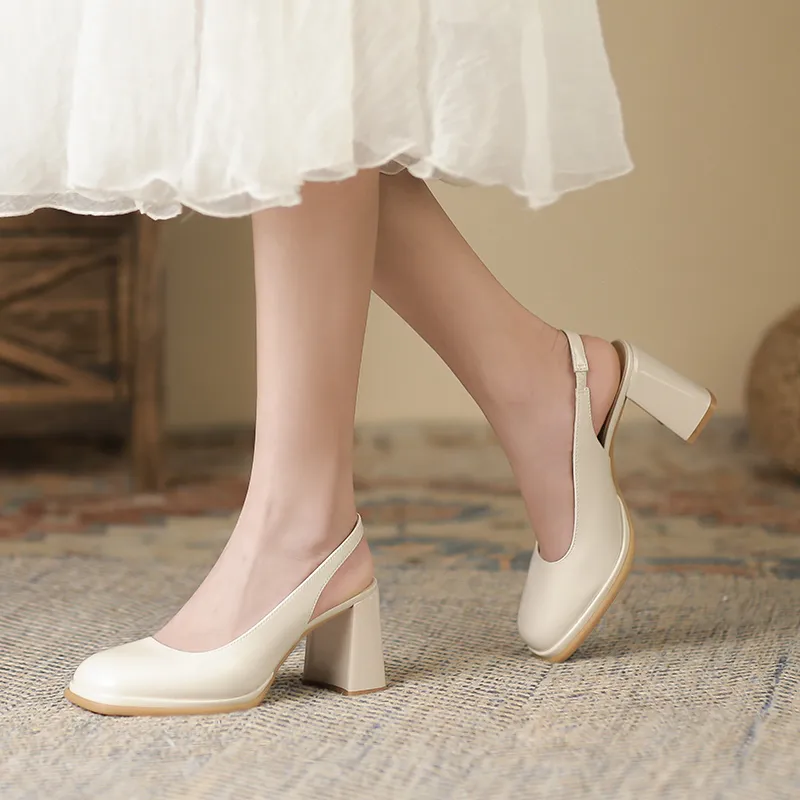 Zubumei Chunky Heel High Heels 7cm Women's Ecru-4