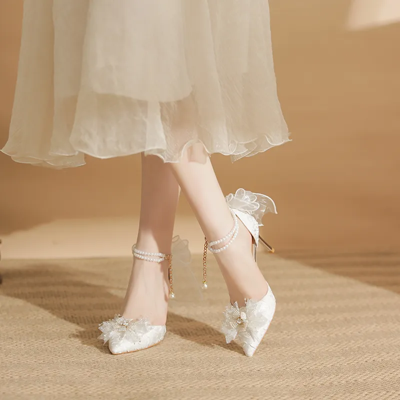 Zubumei Slim Heel High Heels Women's White-3