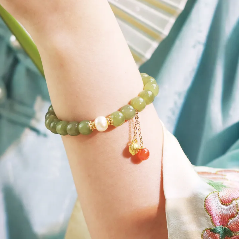 Gramda 925 Sterling Silver, Freshwater Pearl, Southern Red Agate, Hetian Jade Hetian Jade Bracelets Women's White Jade-1