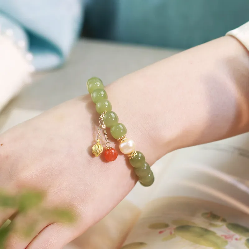 Gramda 925 Sterling Silver, Freshwater Pearl, Southern Red Agate, Hetian Jade Hetian Jade Bracelets Women's White Jade-5
