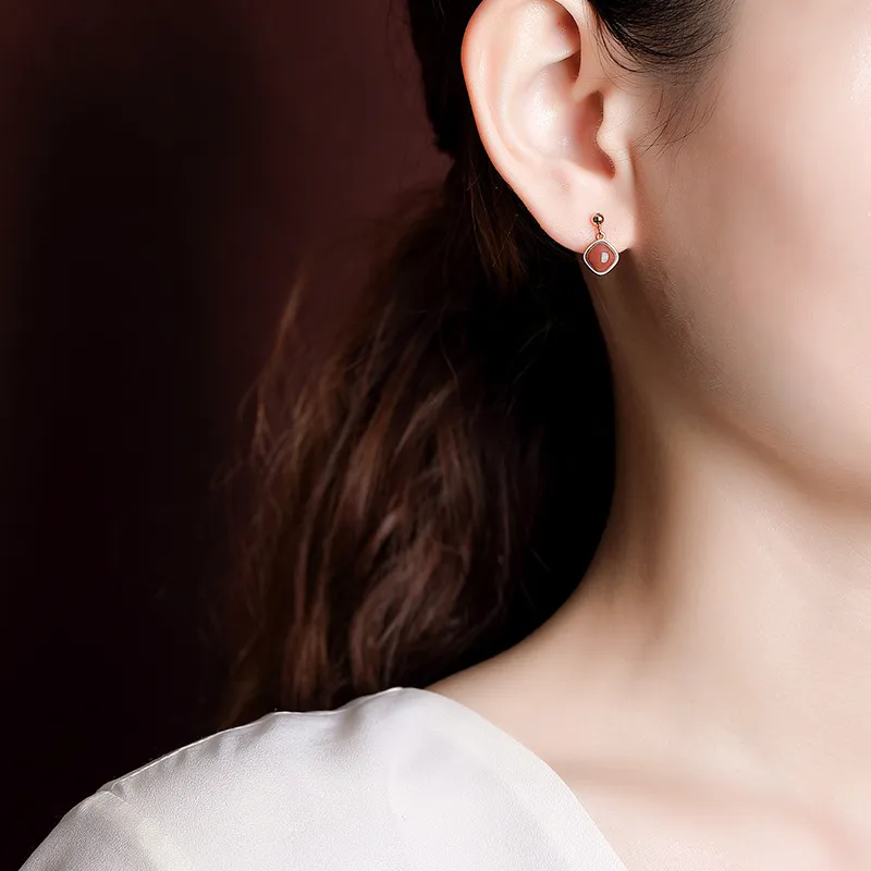 Jianlu Agate Jade Stud Earrings Women's-2