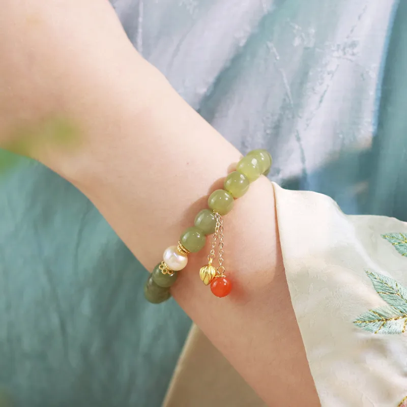 Gramda 925 Sterling Silver, Freshwater Pearl, Southern Red Agate, Hetian Jade Hetian Jade Bracelets Women's White Jade-2